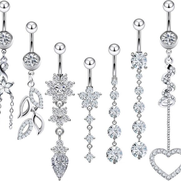 Jewelry - 14G Belly Button Ring Jewelry Set 7 Pieces Dangle Cubic Zirconia Stainless Steel